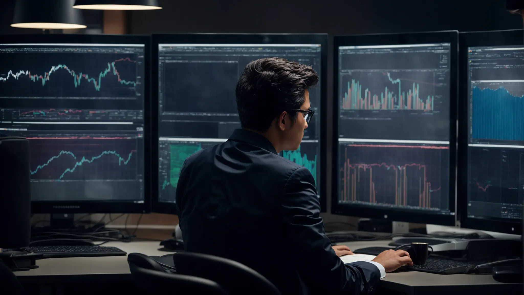 a focused individual analyzing graphs on multiple computer monitors in a technology-driven office environment.