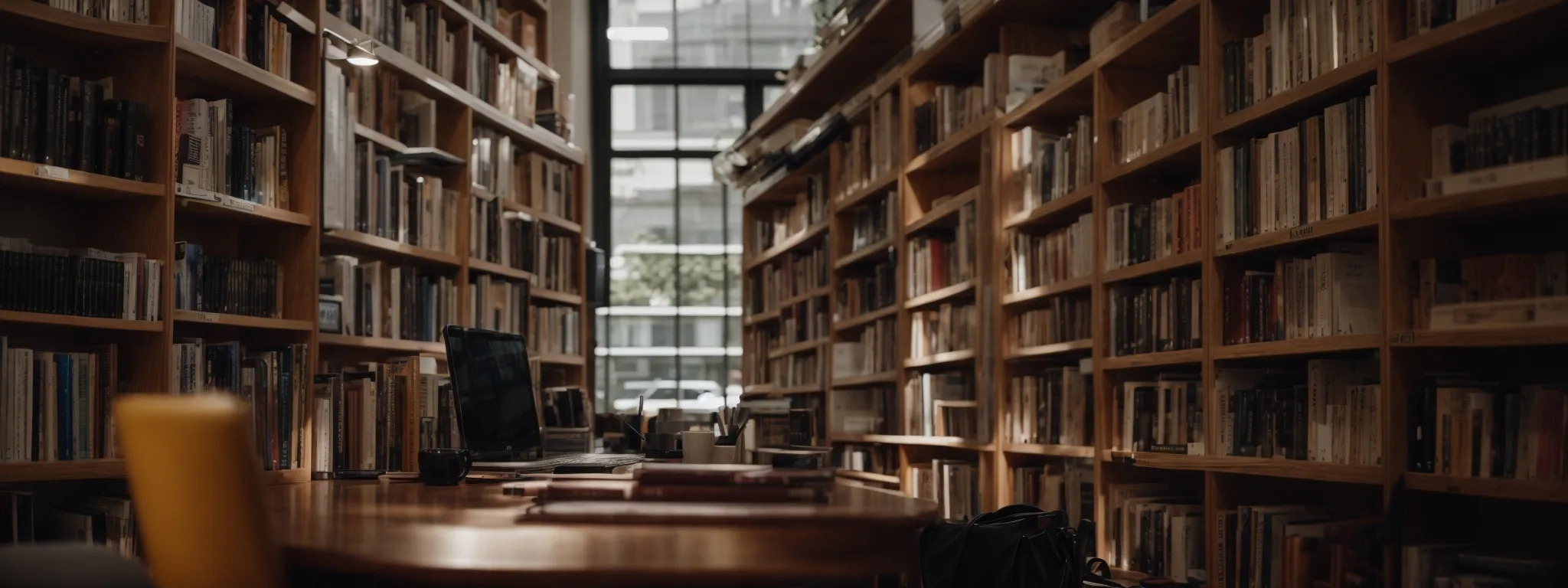 a serene library workspace with a computer, notebook, and coffee amidst shelves of books, embodying the quiet pursuit of seo excellence.