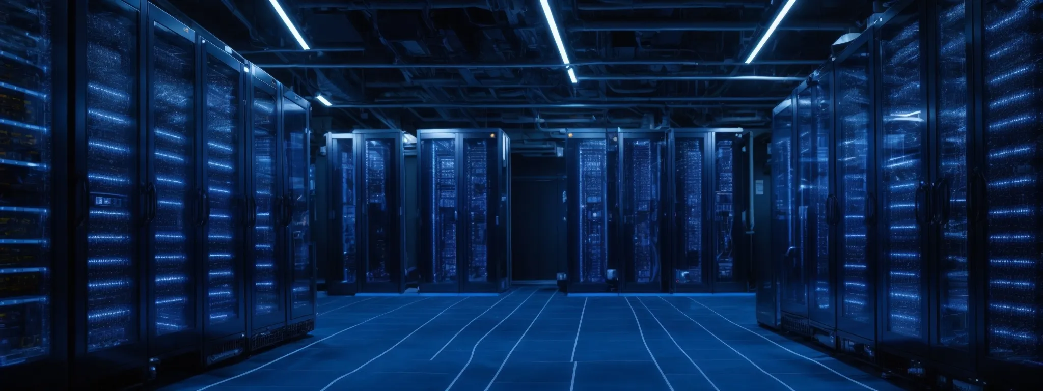 rows of server racks in a data center illuminated by blue led lights, symbolizing advanced technology and data processing in seo's future.