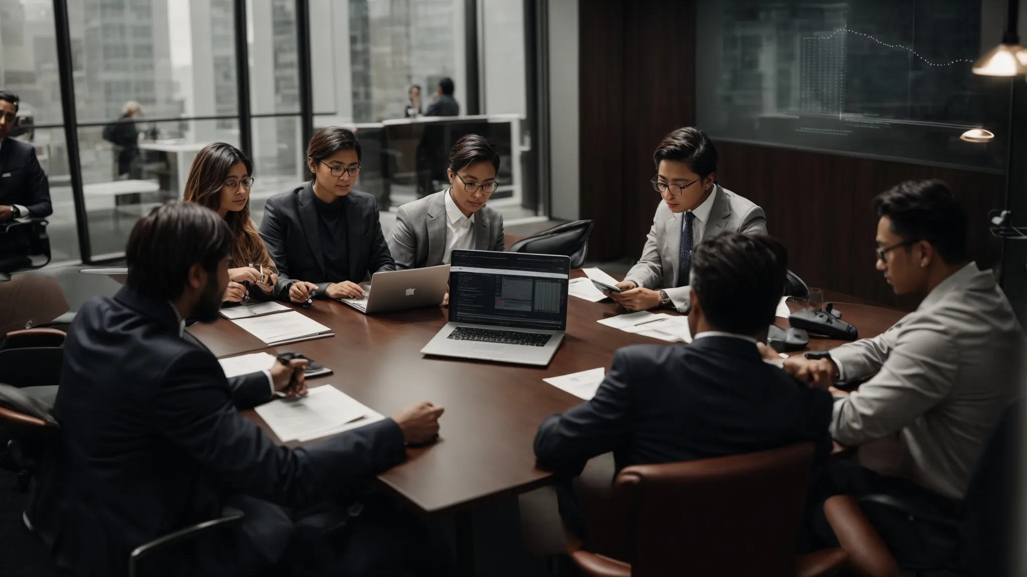 a group of professionals gathered around a conference table discussing documents and graphs on their laptops.