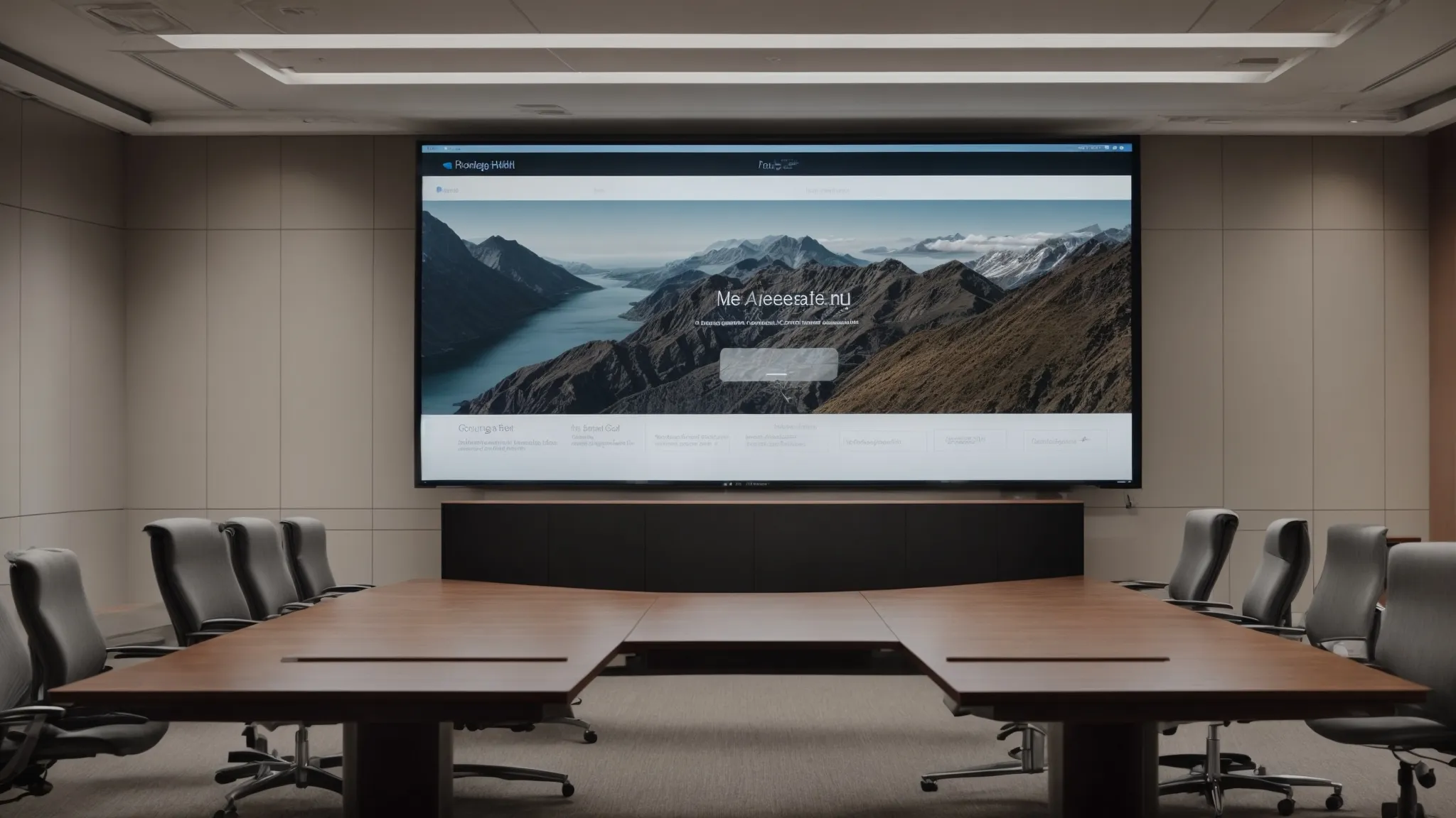 a corporate meeting room with a large screen displaying a search engine results page.