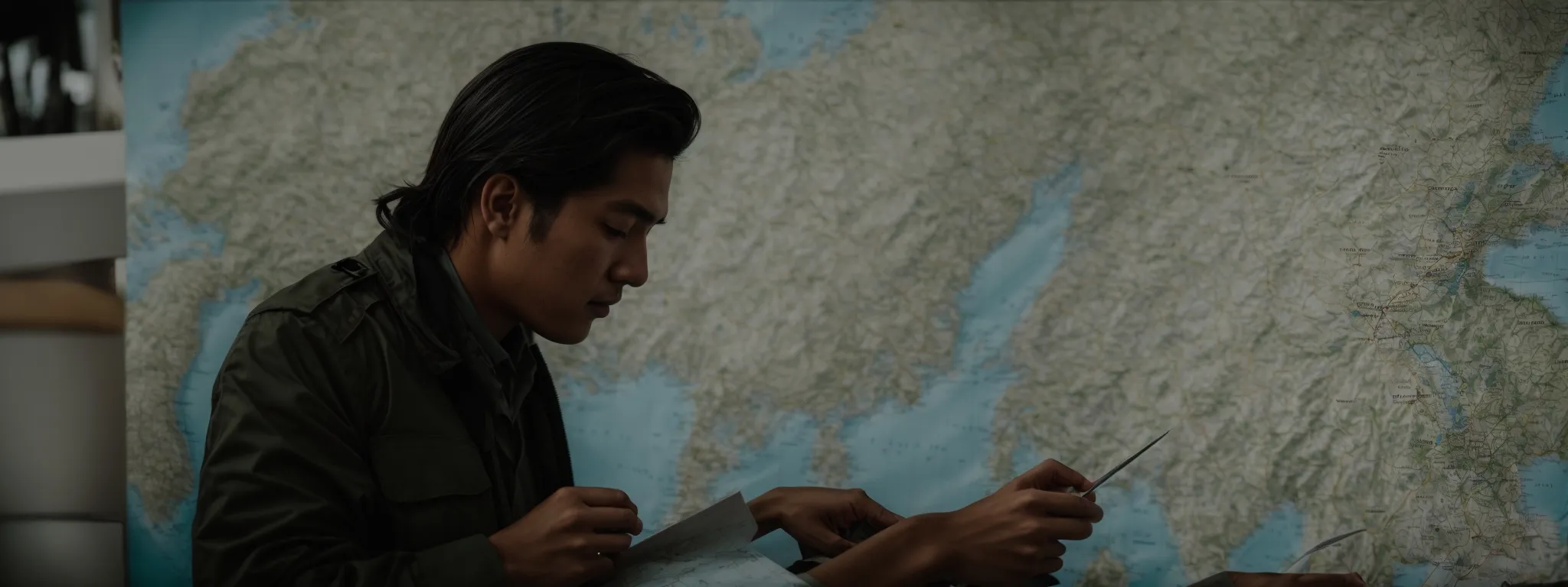 a tactician plotting routes on a map to symbolize strategic local link-building maneuvers.