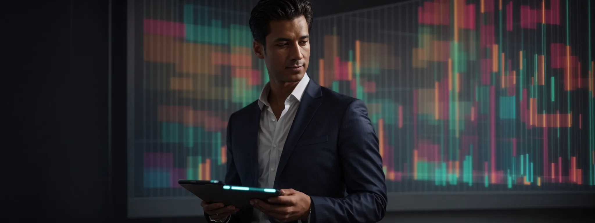 a businessman proudly holding a digital tablet displaying an array of colorful graphs, symbolizing a successful content marketing strategy in action.