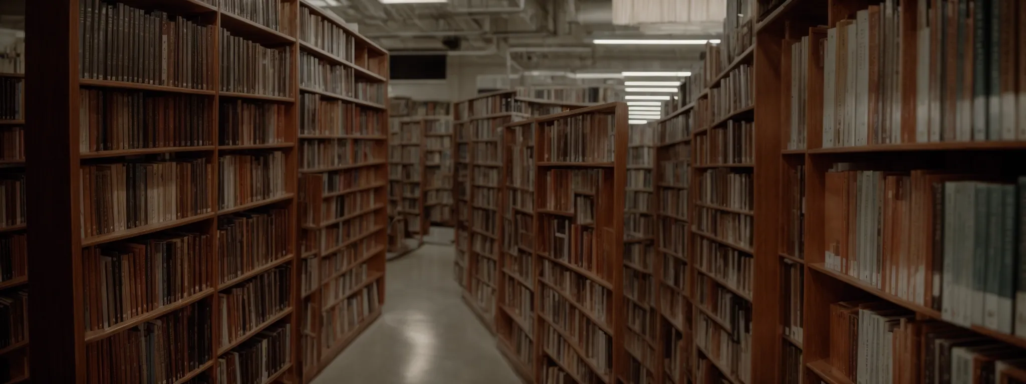 a serene library with rows of books on seo and digital marketing.