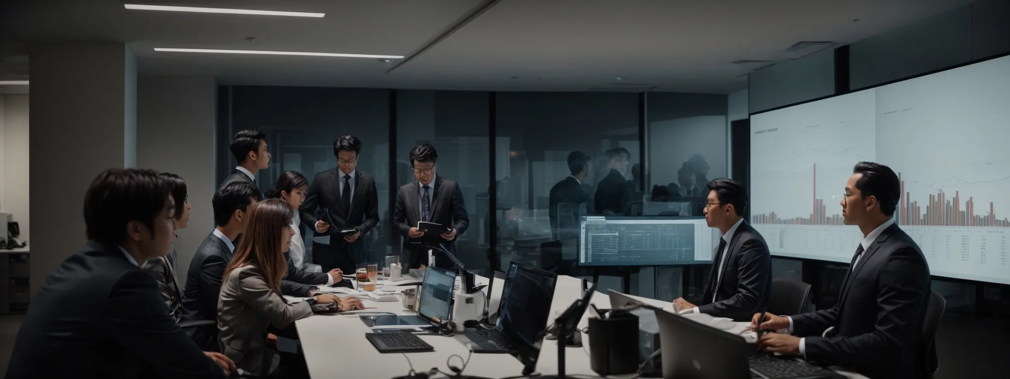 a group of professionals analyzing charts and graphs on a large screen in a modern office setting.