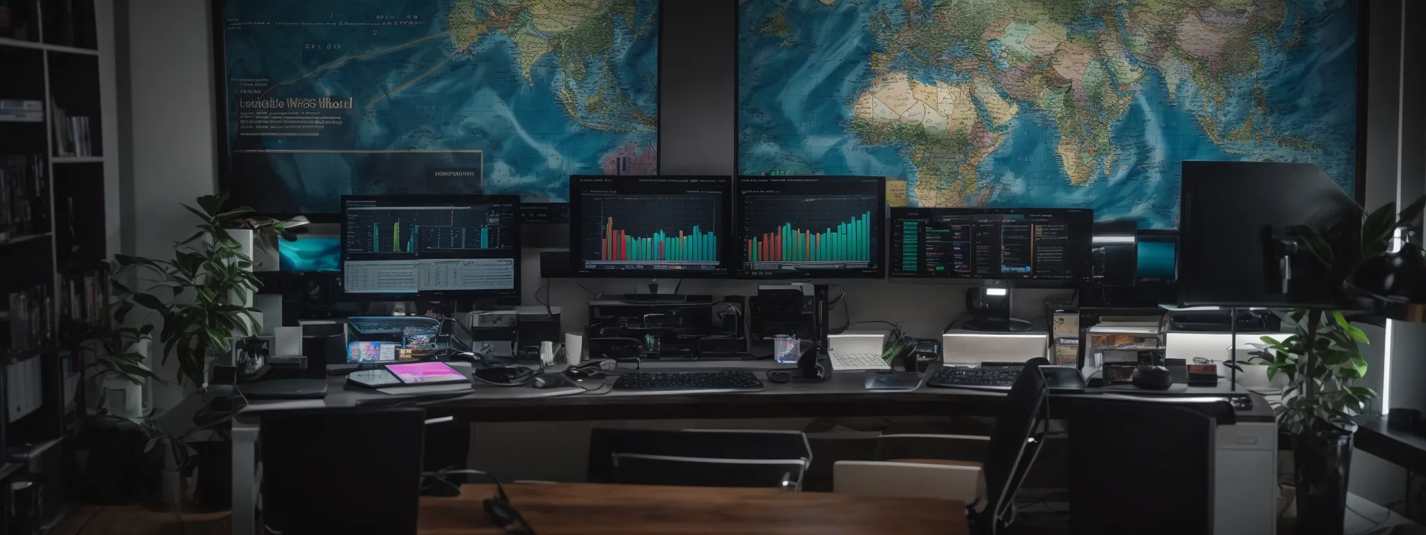 a wide desk with multiple monitors displaying colorful analytics graphs and a large world map highlighting different regions.