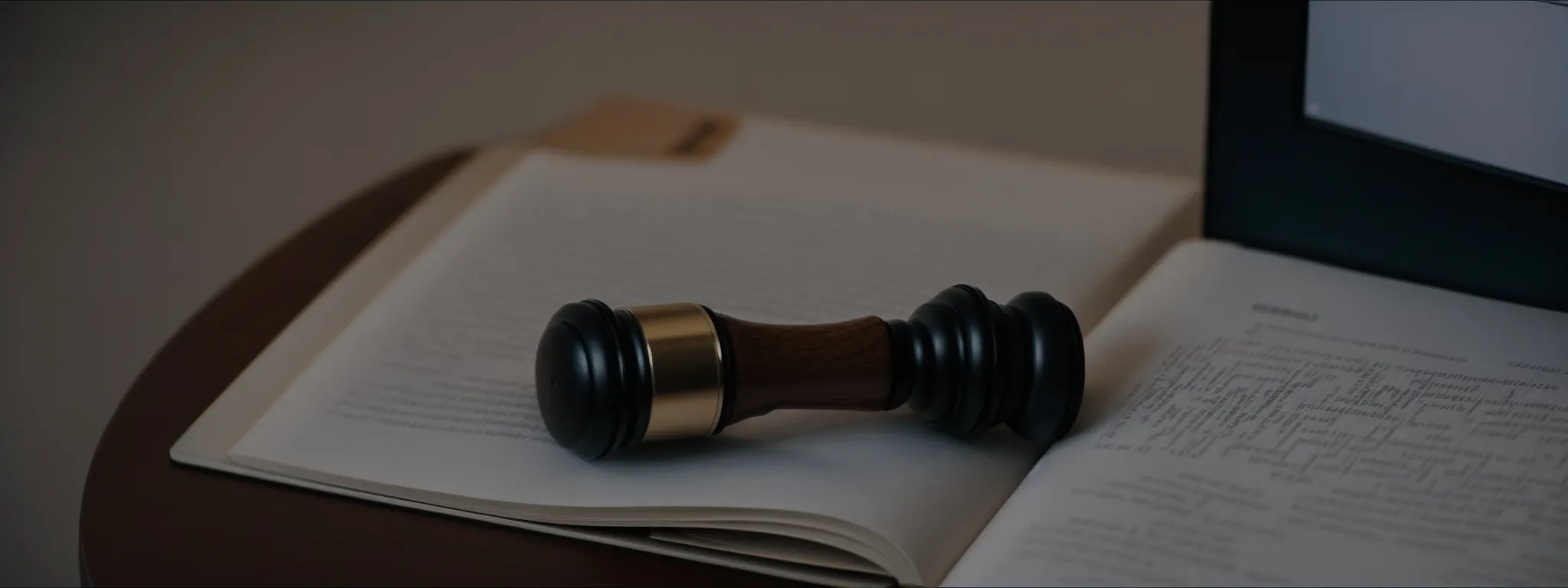 a close-up of a gavel on a desk next to an open law book, with a computer showing a search engine in the background.