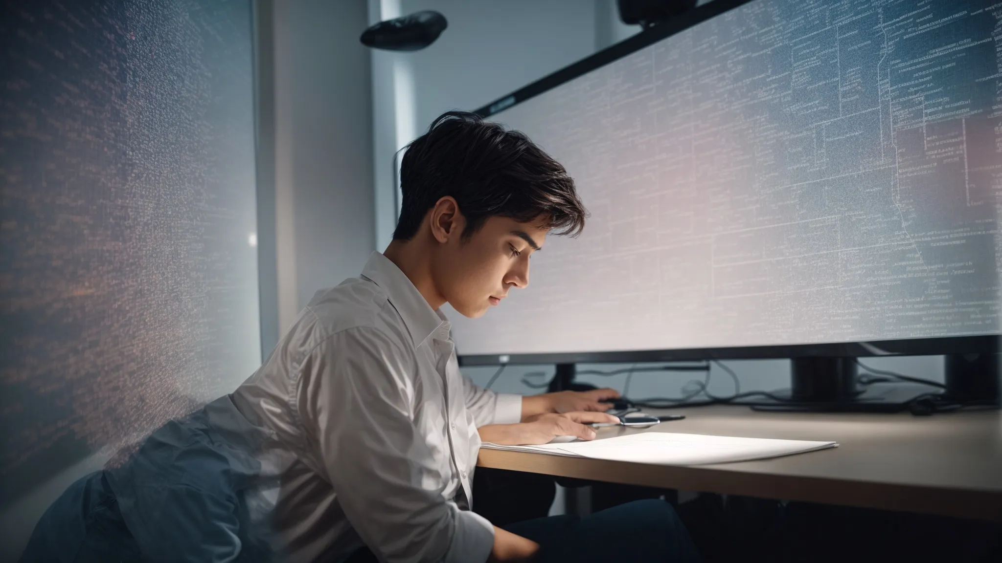 a focused individual intently studying a complex diagram of connected words and search terms on a large monitor in a modern, brightly lit office.