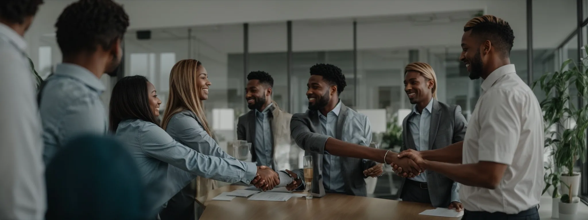 a group of people shaking hands in a bright, modern office, symbolizing a successful referral partnership rooted in charity.