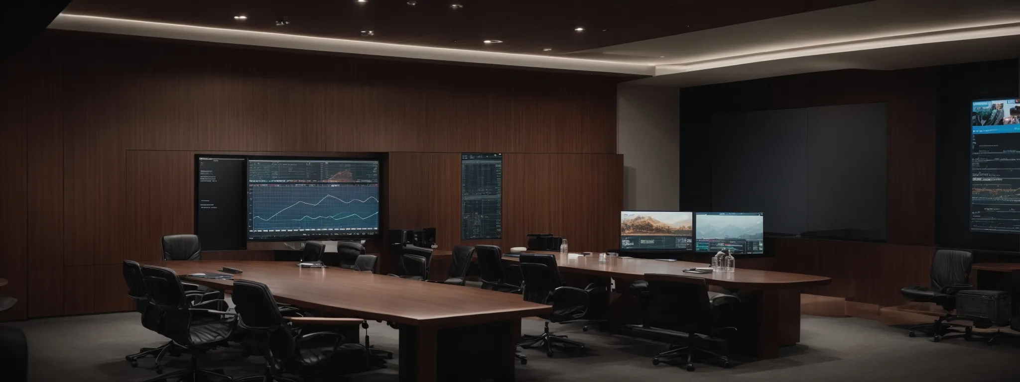 a professional meeting room with a large monitor displaying graphs and performance metrics.