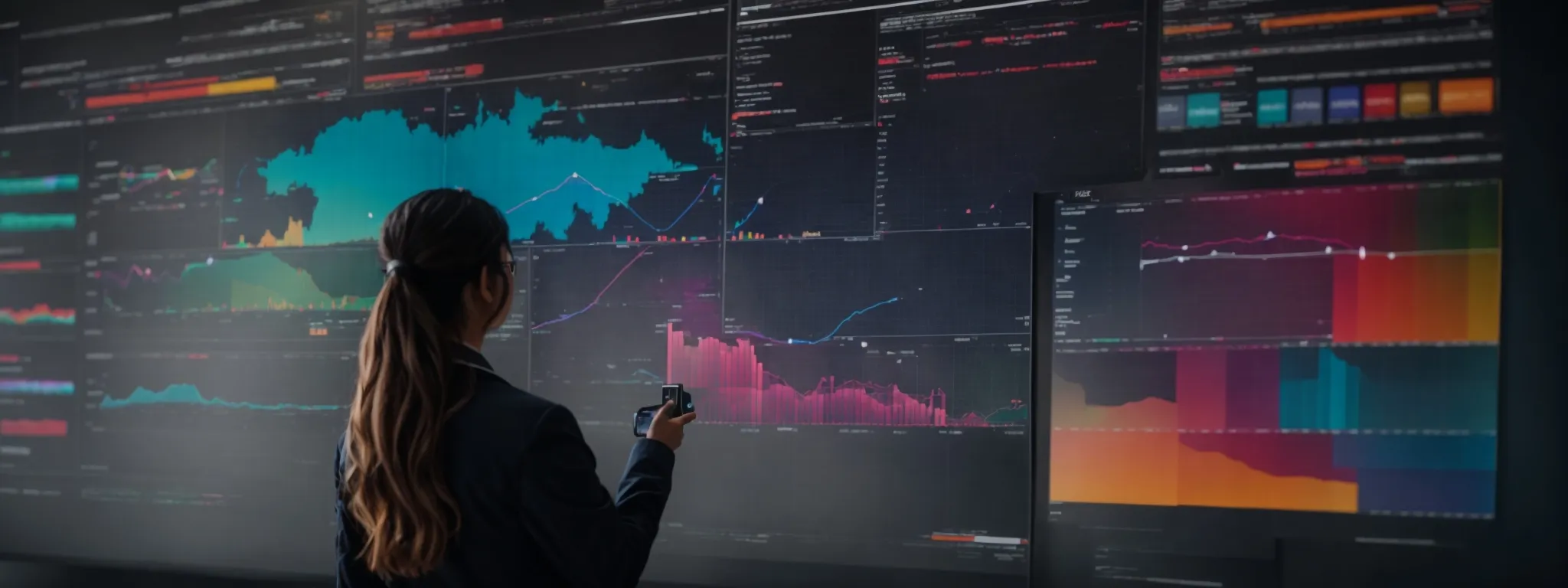a marketer observes a dynamic, digital dashboard displaying diverse consumer profiles through colorful, interconnected data points.
