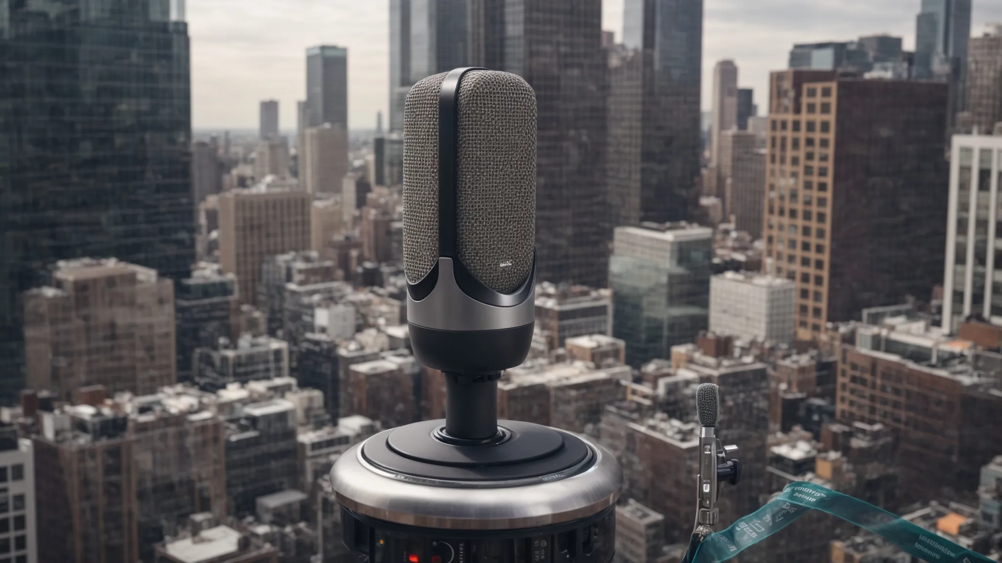 a microphone surrounded by various digital marketing and seo icons against a backdrop of a bustling cityscape to signify urban business growth.