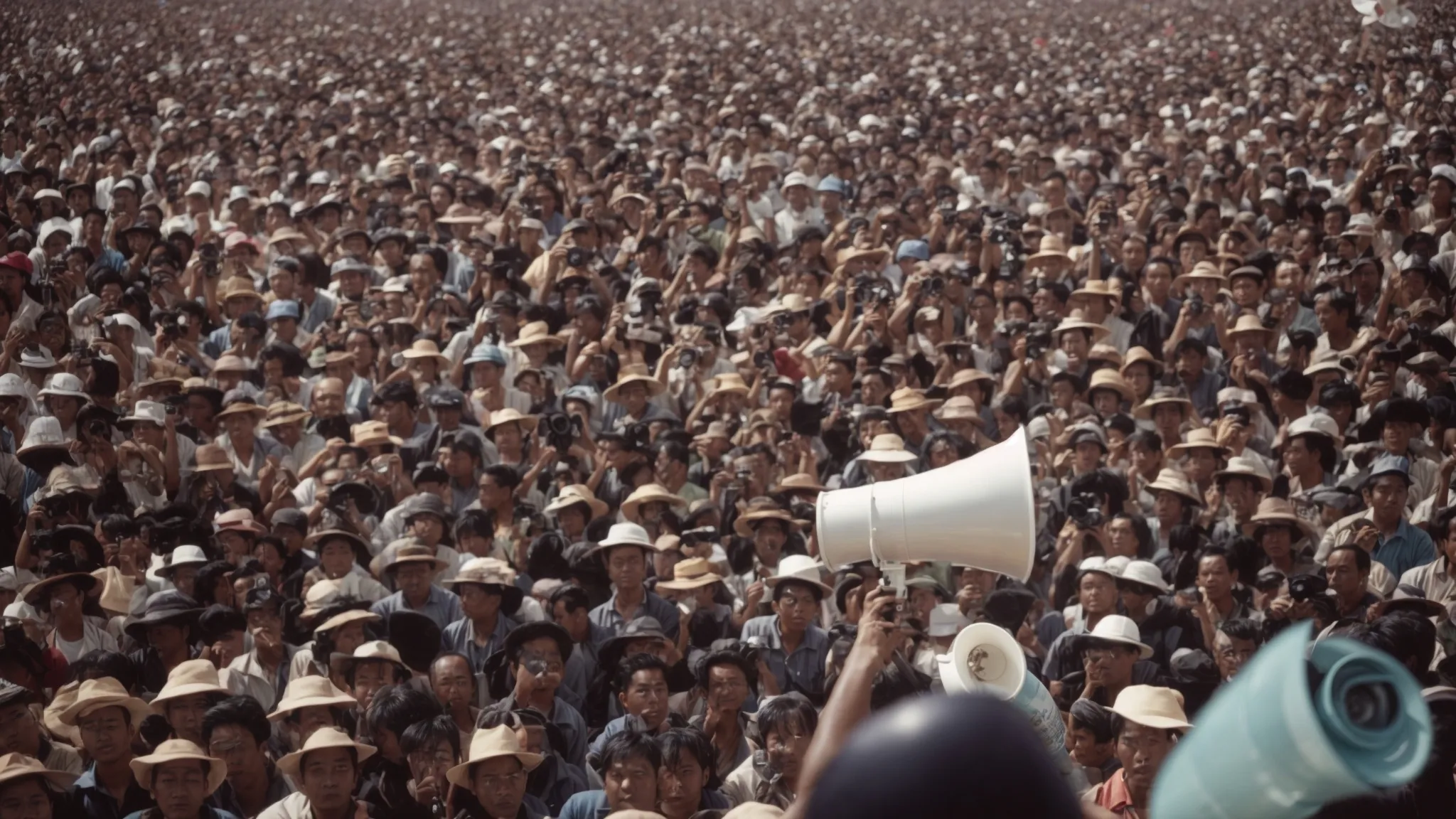 a person holding a megaphone in front of a large crowd to symbolize amplifying a message through social media.