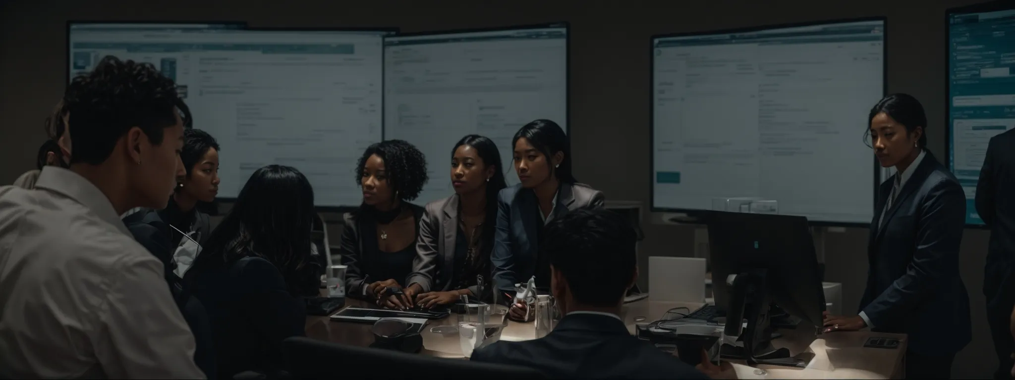 a diverse group of professionals engaged around a computer screen, discussing strategies with a clear, organized digital task board in the background.