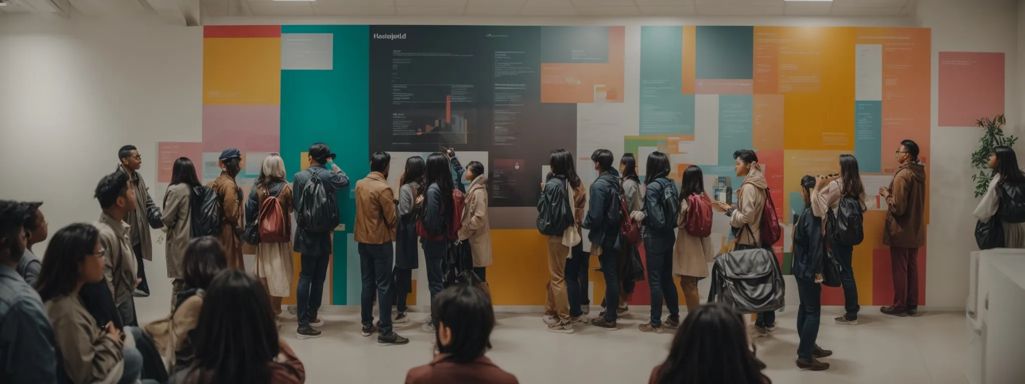 a diverse group of people gathered around a large, colorful infographic displayed on a wall, actively discussing its content.