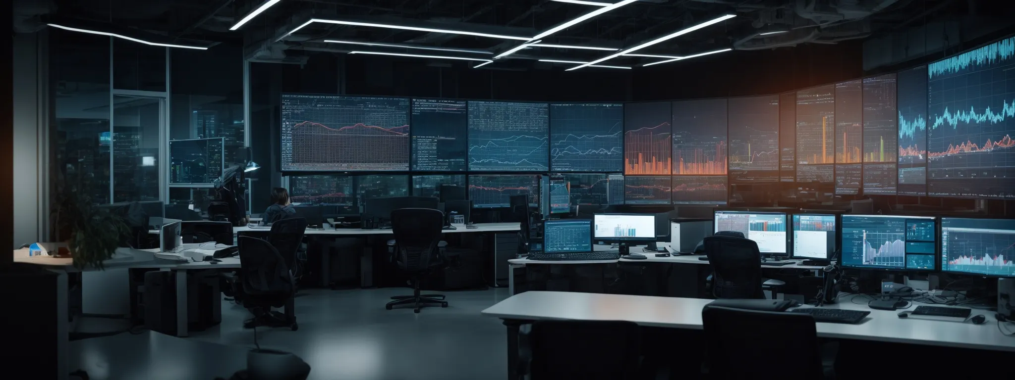 a futuristic office space with multiple glowing computer screens displaying graphs and data analytics.