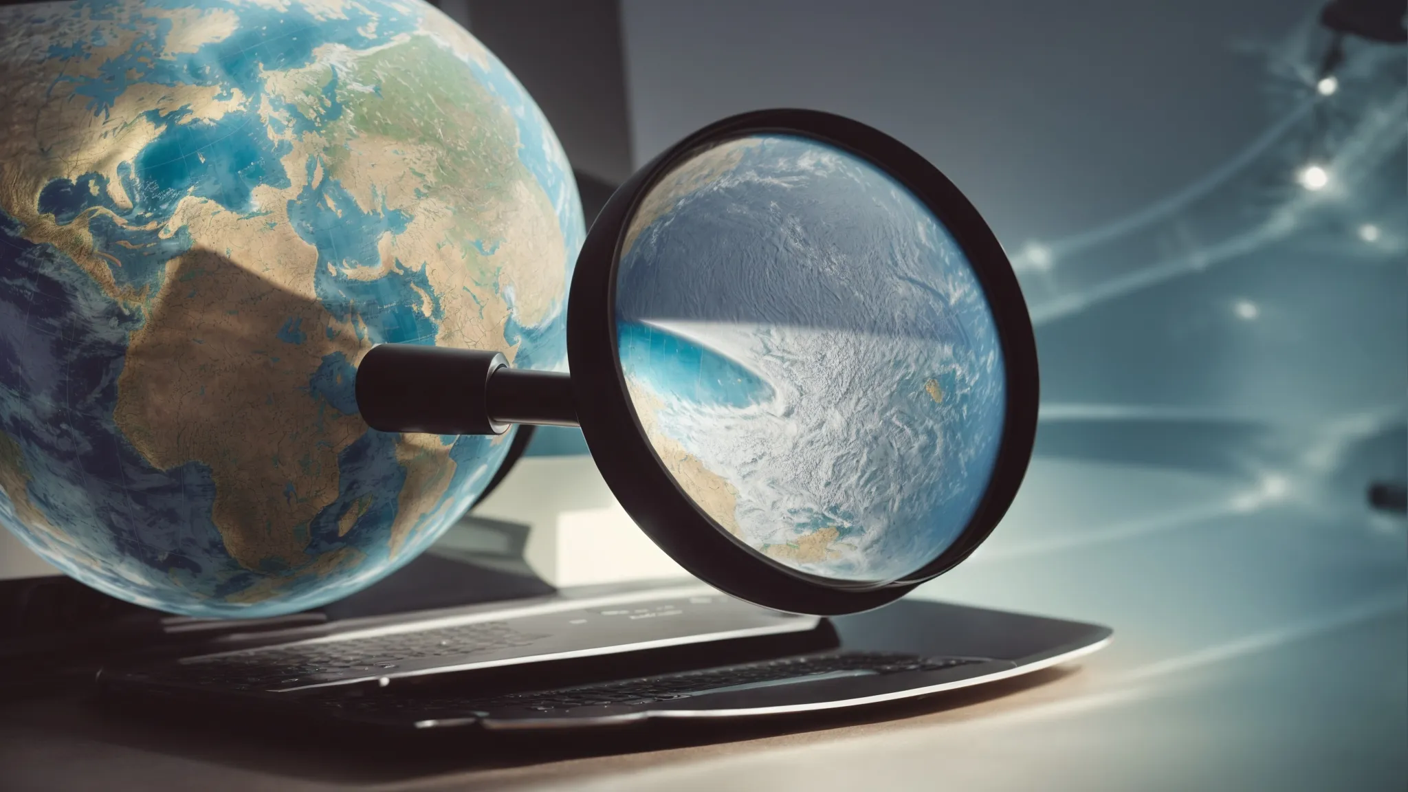 a laptop with an open search engine and a magnifying glass hovering over a globe suggesting global search optimization.
