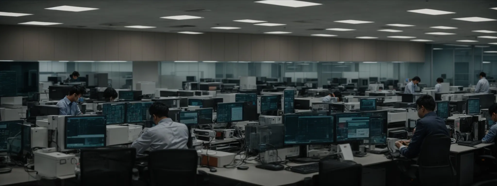 a busy it department with employees working on servers and computers to implement new software updates.