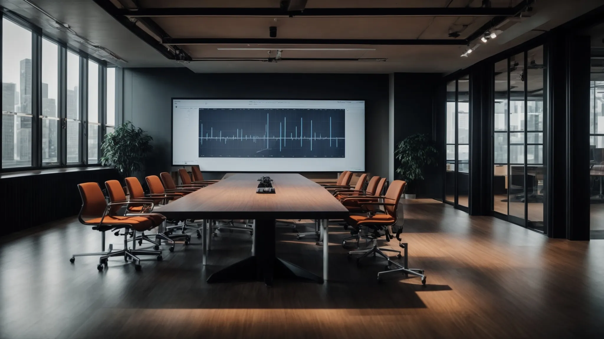 a professional meeting room with a presentation screen showing graphs and data analysis.