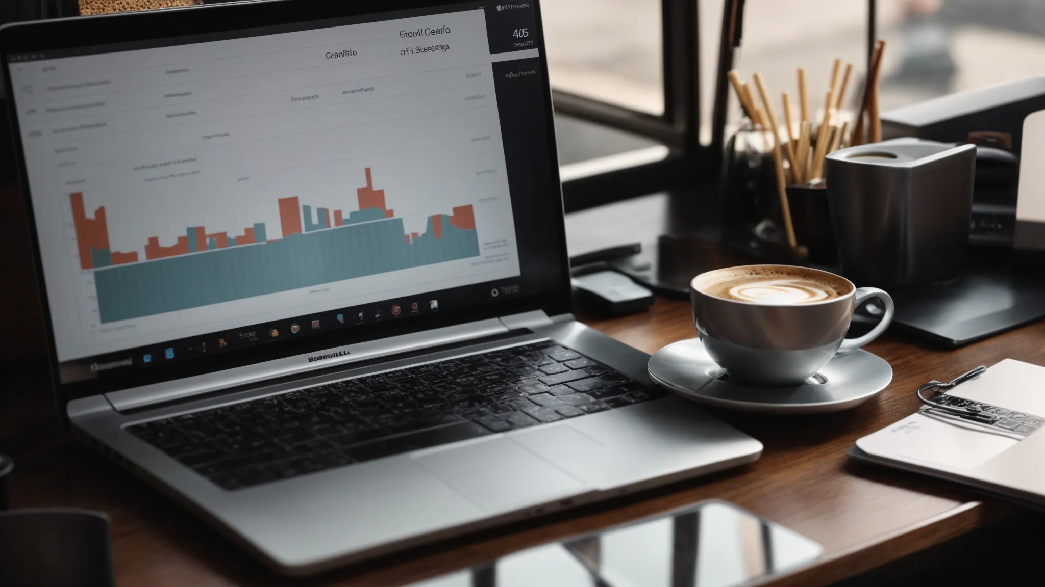 a close-up of a laptop showing a dashboard with seo analytics on the screen, surrounded by marketing strategy reports and a cup of coffee on the desk.