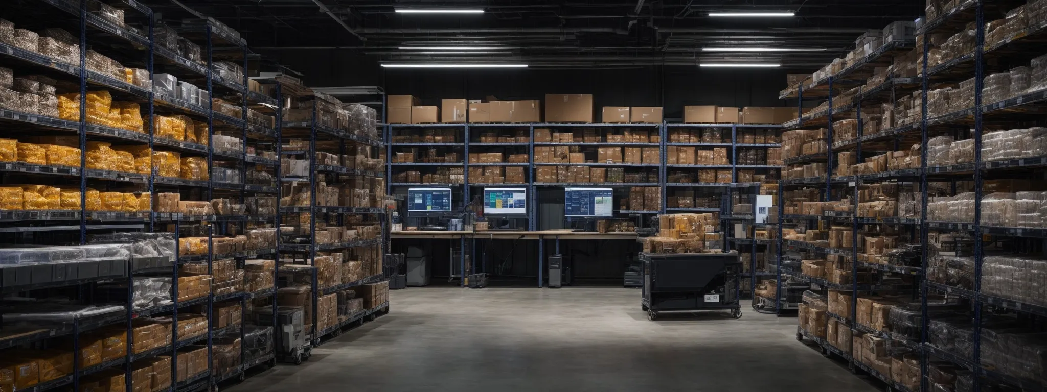 a modern warehouse with rows of shelves filled with products and a central computer monitoring station displaying graphs and sales data.