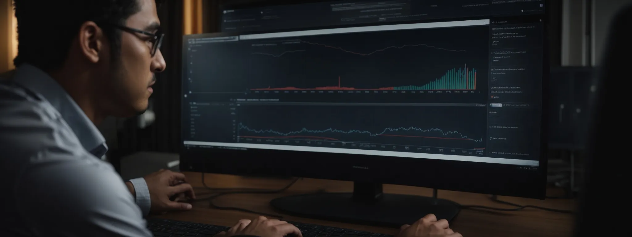 a marketer analyzing graphs on a computer screen, illustrating the performance metrics of ppc campaigns.