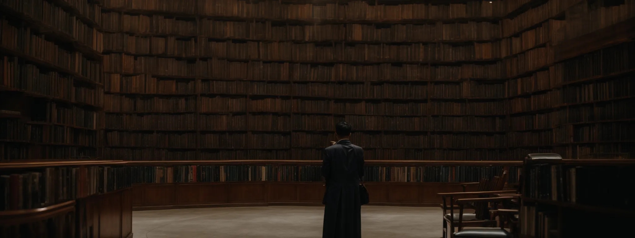 a person stands before a massive library, intently studying a giant, ancient tome entitled 