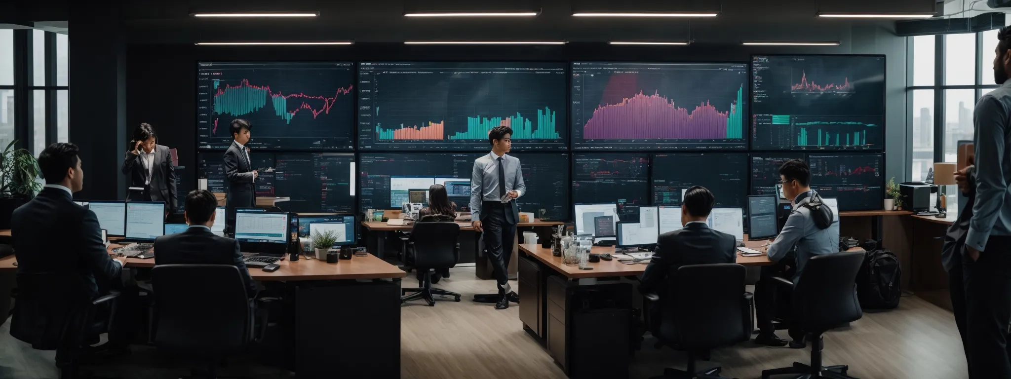 a team in a modern office intently focuses on large screens displaying colorful graphs and analytics dashboards while engaging in a strategic meeting.