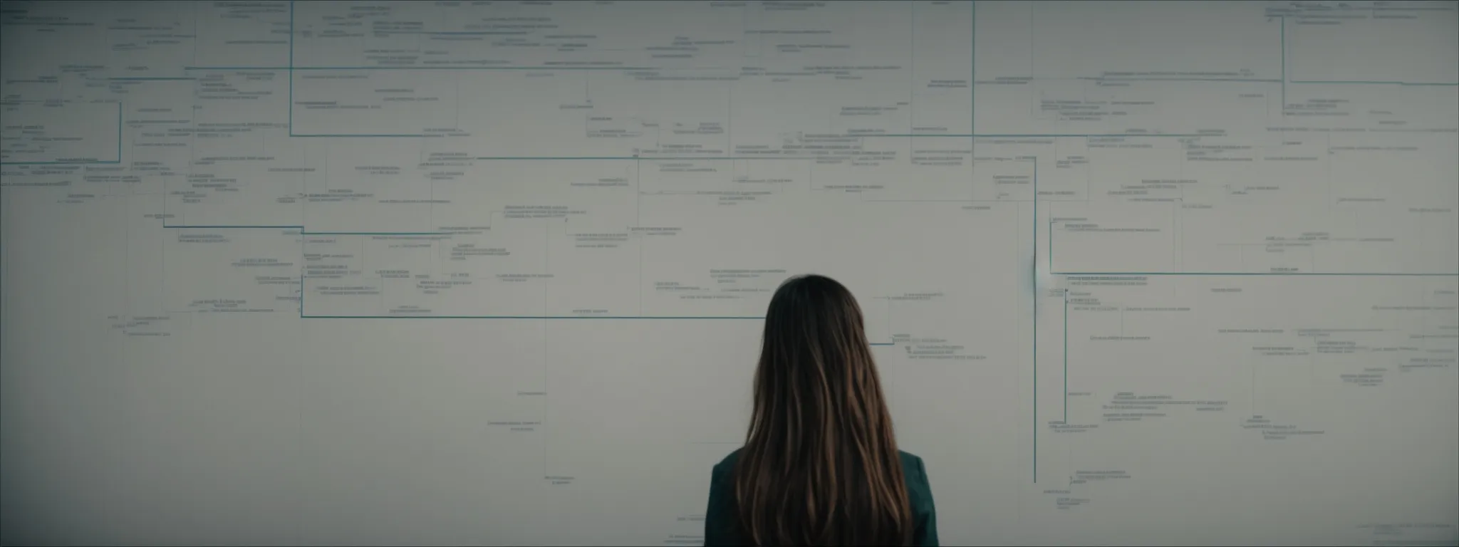 a focused individual peruses a simplified sitemap laid out on a large screen, showcasing an organized website structure.