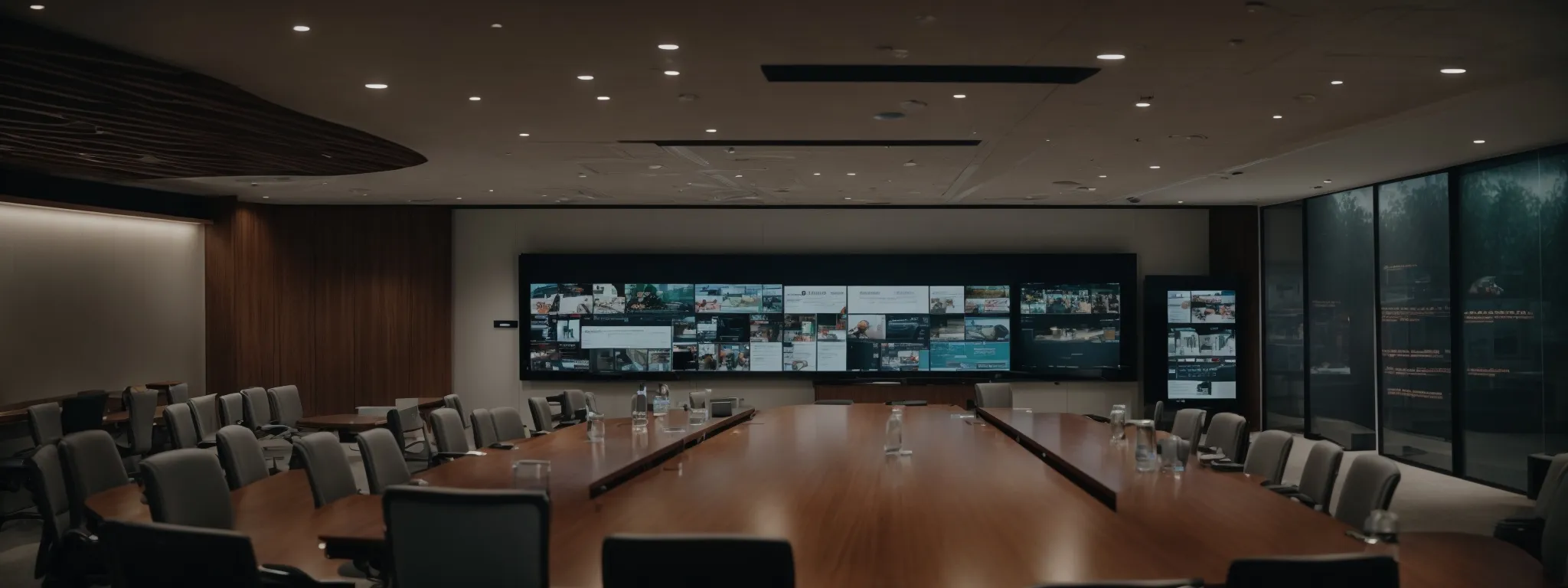 a corporate meeting room with a large screen displaying a social media dashboard.