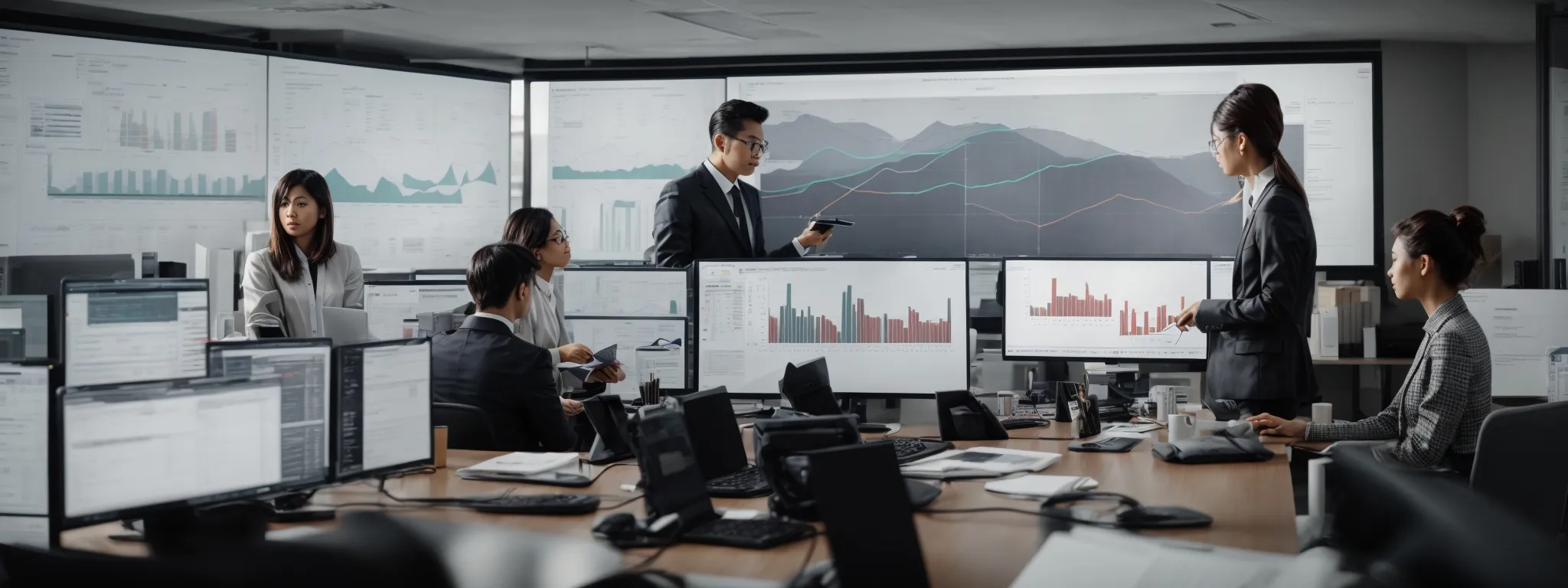 a marketing team studies a graph on a large monitor in a sleek, modern office.