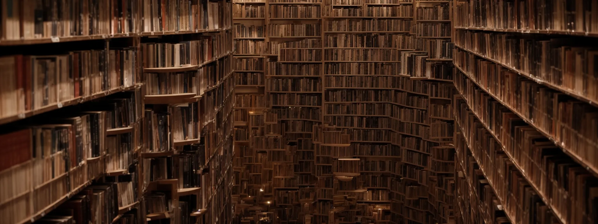 a vast library with endless rows of similar-looking books teetering on the edge of a dropdown shelf. 