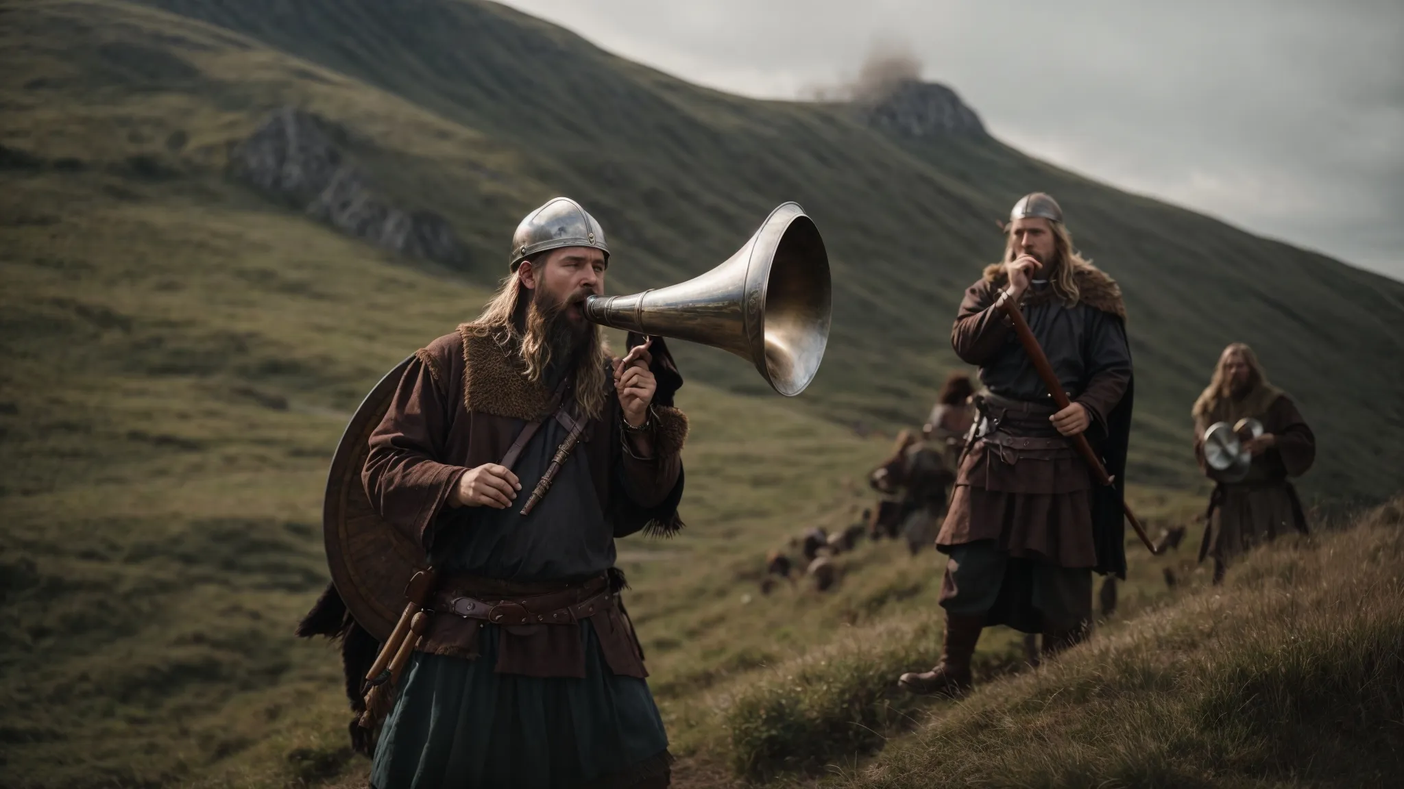 a viking blowing a horn atop a hill, summoning his warriors to gather and feast.
