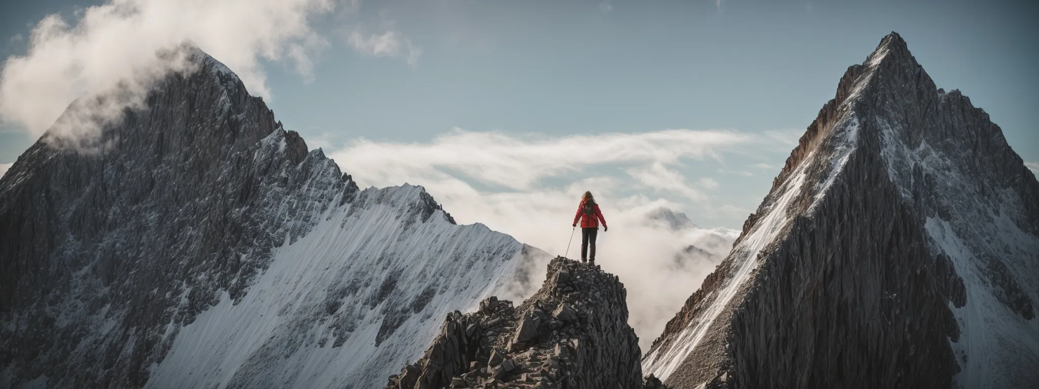 a woman triumphantly reaches the summit of a steep mountain, symbolizing rhea drysdale's ascension to seo mastery.