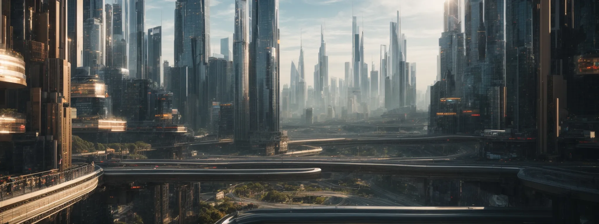 a futuristic cityscape brimming with gleaming towers connected by web-like pathways.