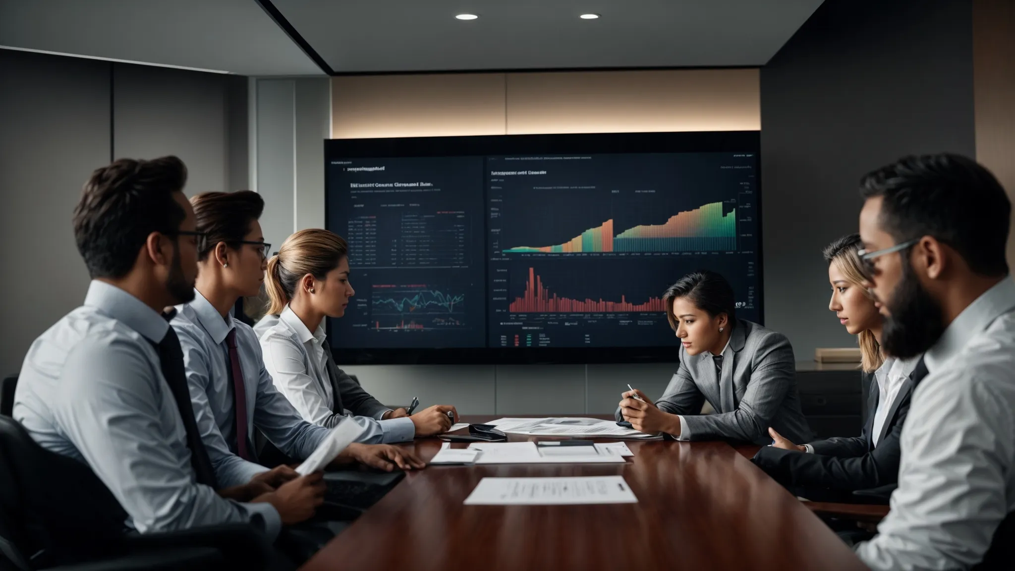 a team of professionals in a boardroom analyzes financial graphs on a screen, strategizing to increase company earnings.
