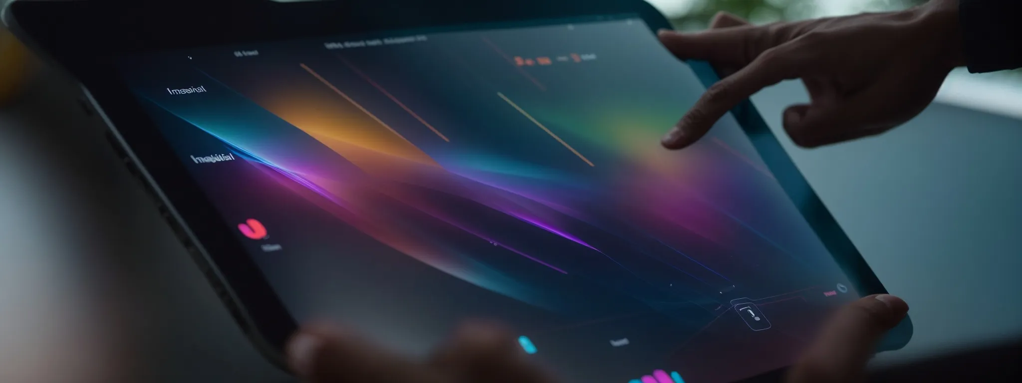 a person interacts with an intuitive touchscreen interface displaying colorful graphics indicative of ai functionality.