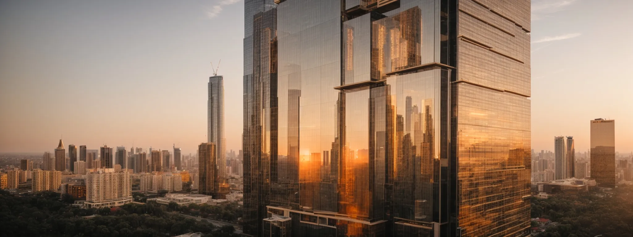 a panoramic view of a skyline dotted with modern buildings, their glass facades reflecting the golden hues of a setting sun, symbolizing the fusion of real estate with digital sophistication.