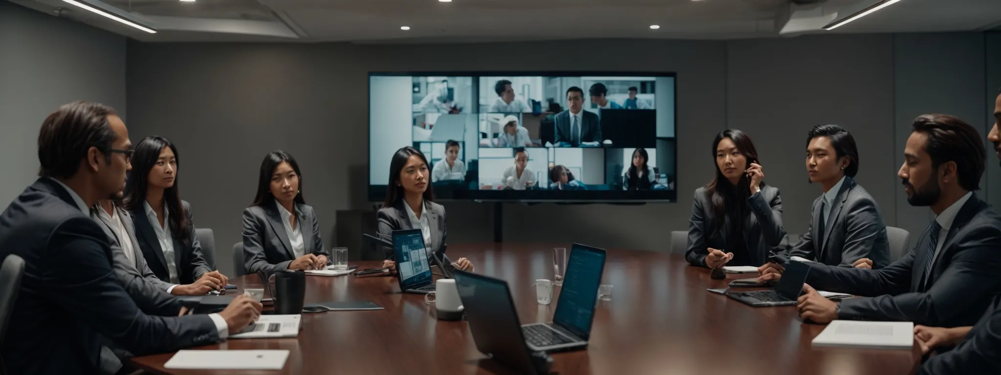 a group of professionals engaged in a video conference on a large screen in a modern office meeting room.