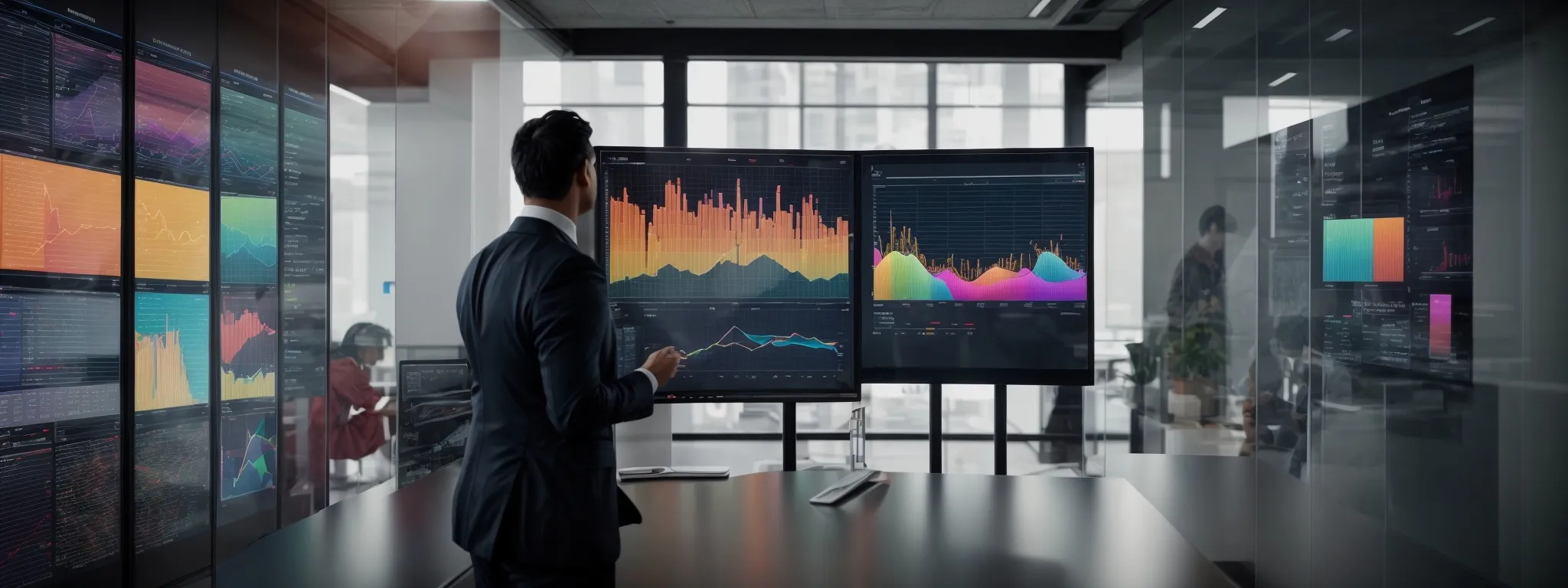 a trio of professionals interact with a large, interactive touchscreen displaying colorful graphs and data analytics in a modern, sleek office environment.