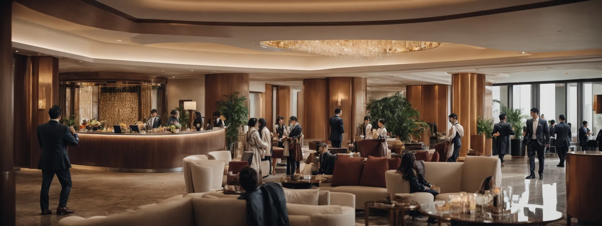 a hotel's luxurious lobby bustling with guests, highlighted by an overlay of structured data icons representing schema markup.