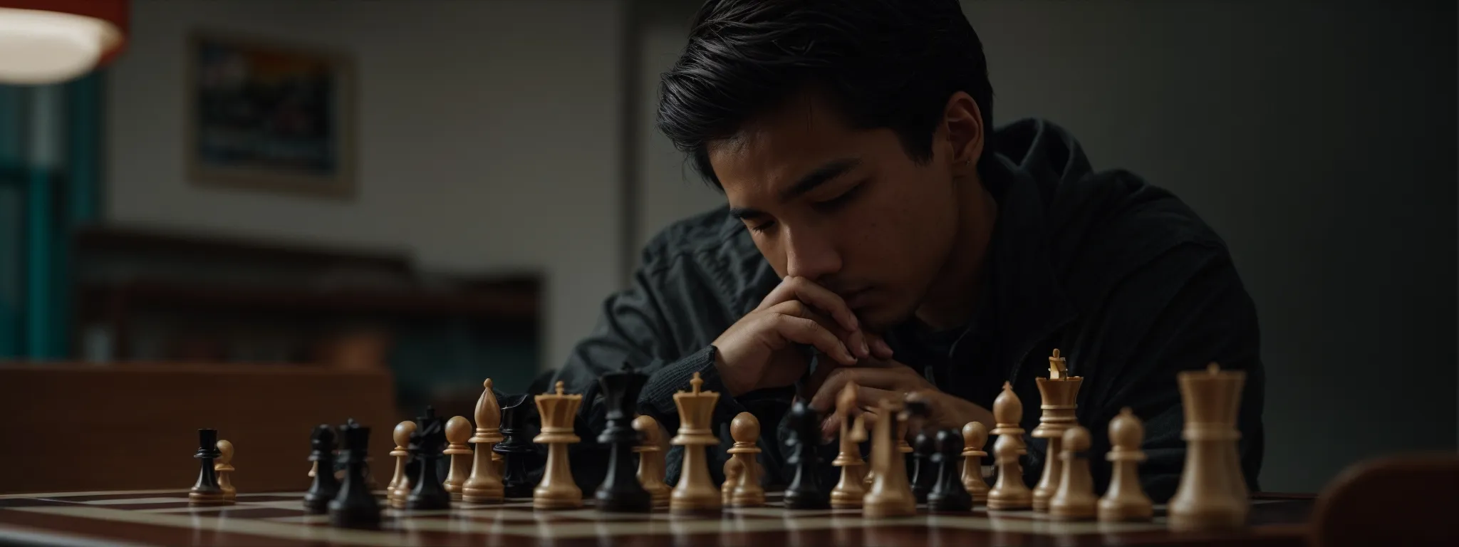 a chess player poised over a game, contemplating a strategic move.