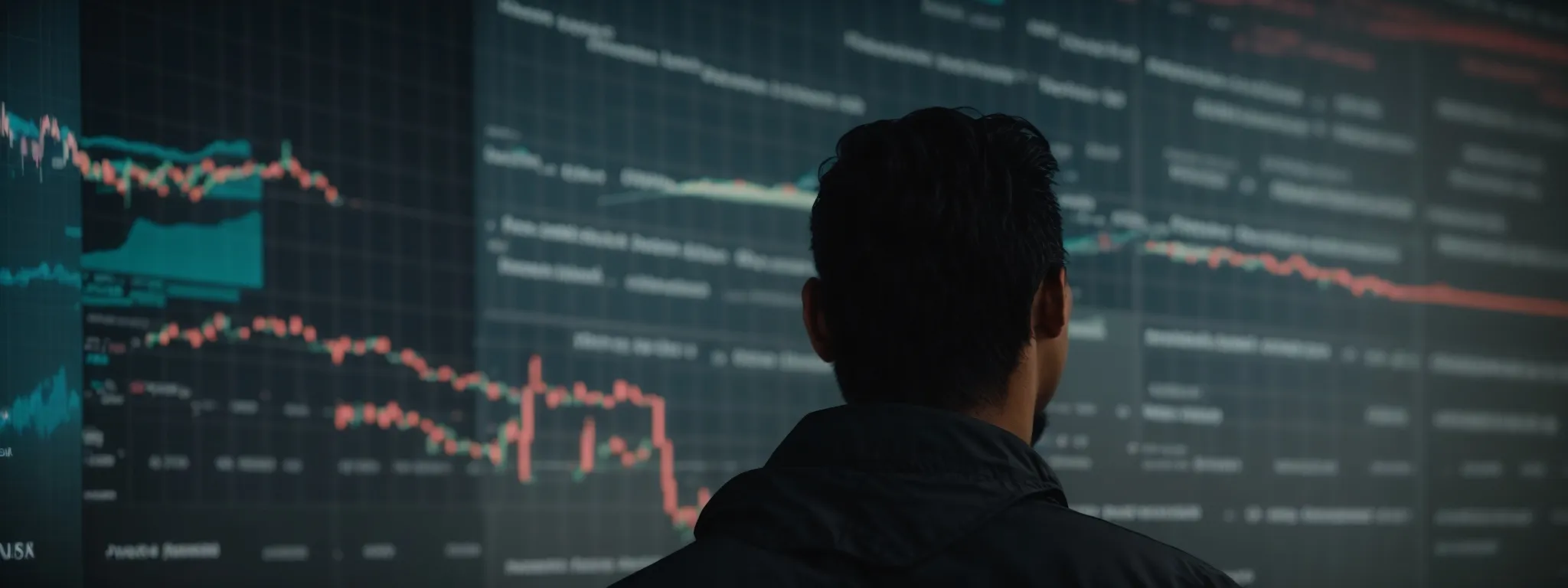 a person contemplating a dynamic graph illustrating market trends and financial projections on a large screen.