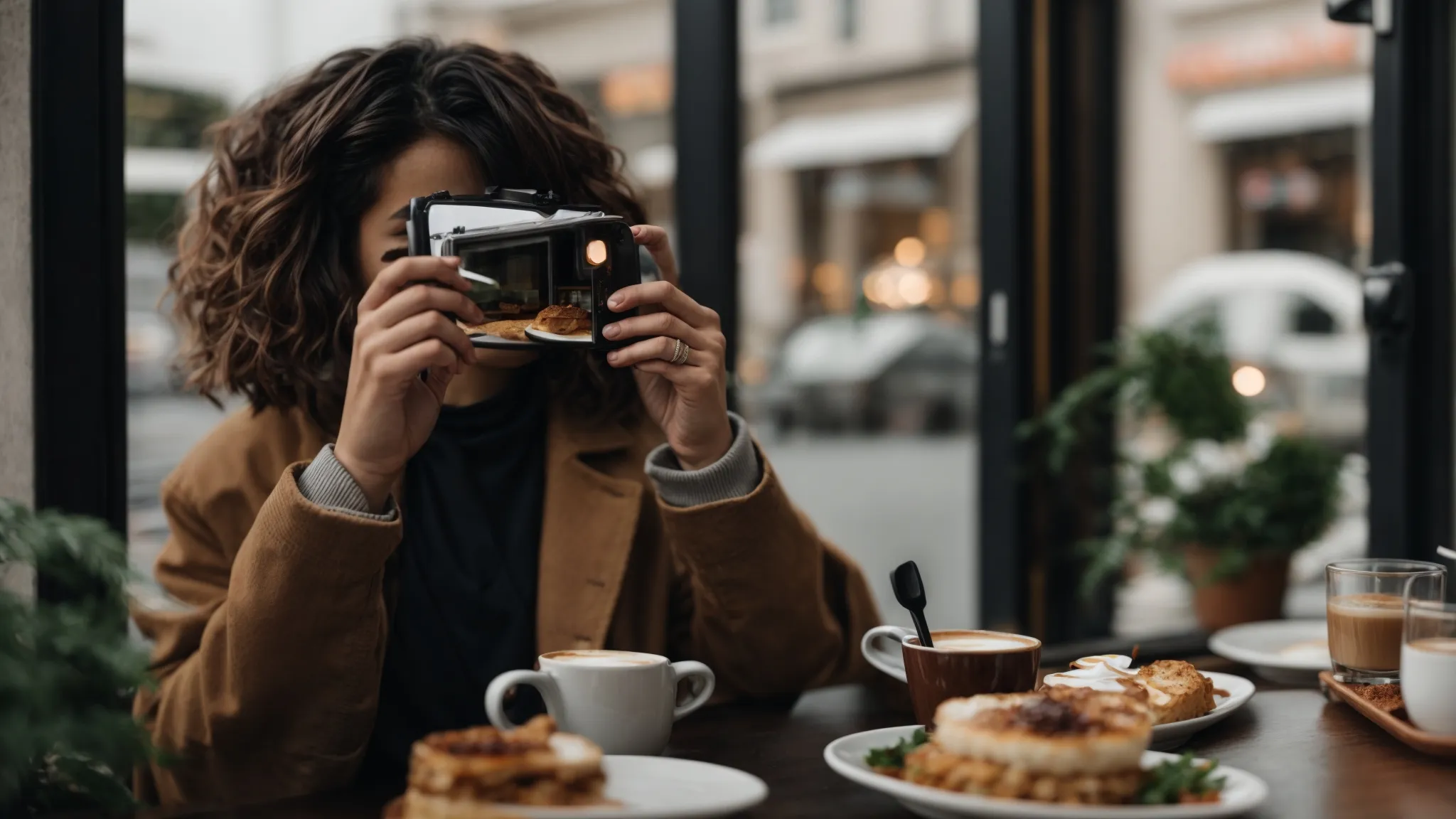 a customer at a cozy cafe is taking a photo of their beautifully presented meal and latte art.