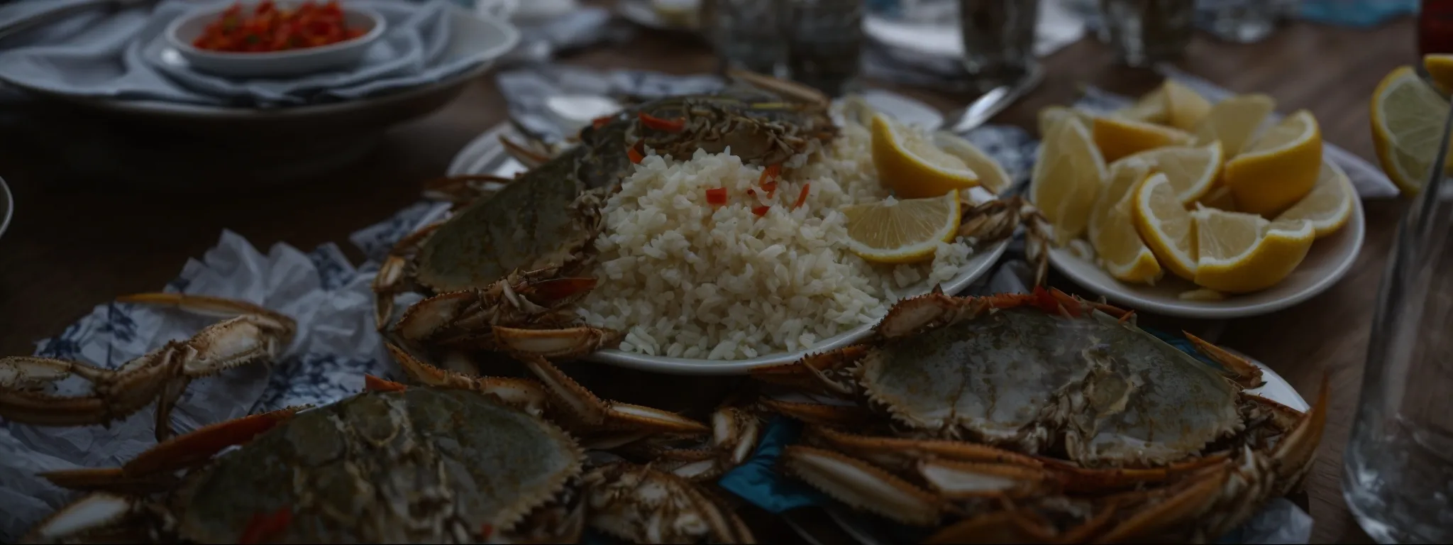 a table with a steaming platter of maryland blue crabs ready to be savored.