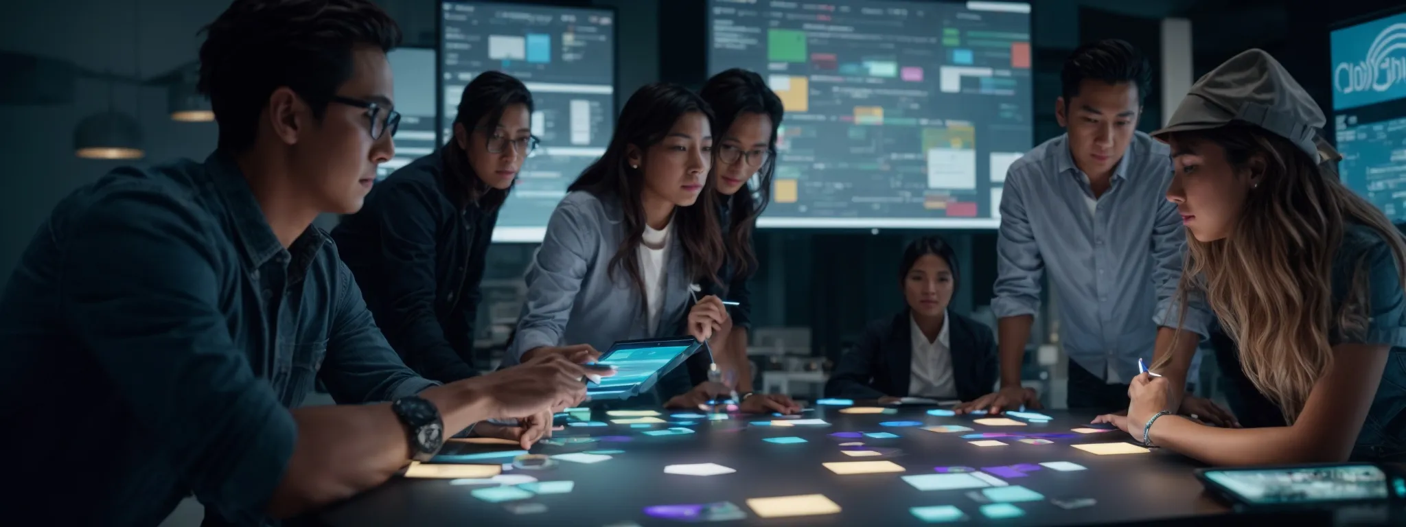 a group of creative professionals brainstorming around a high-tech digital table with multiple glowing screens displaying colorful social media analytics.