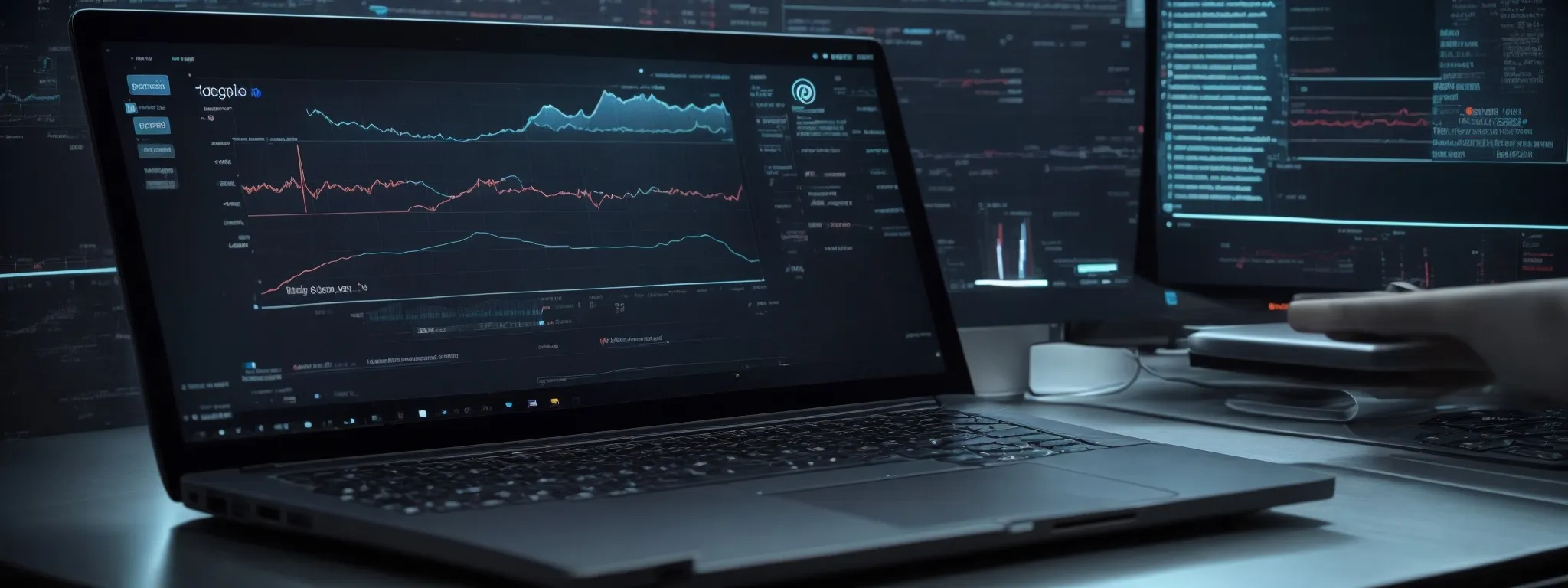 a laptop with statistical graphs on the screen placed on a desk surrounded by futuristic digital icons representing seo and technology trends.