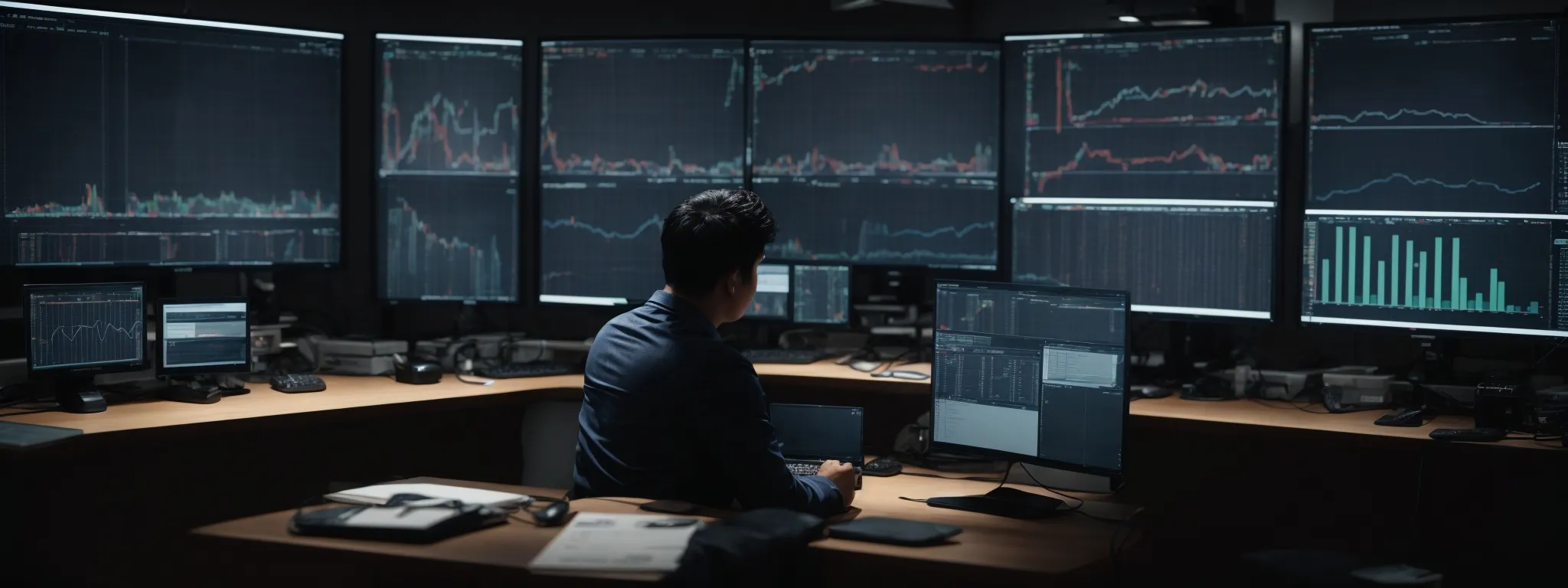a person sits before multiple computer screens analyzing graphs and charts related to search engine data distribution.