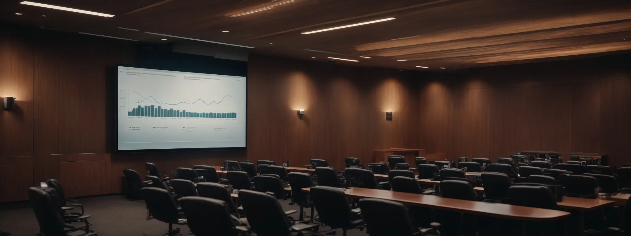 a conference room with a large screen displaying a graph of upward trend, symbolizing the growth and planning in an seo strategy meeting.