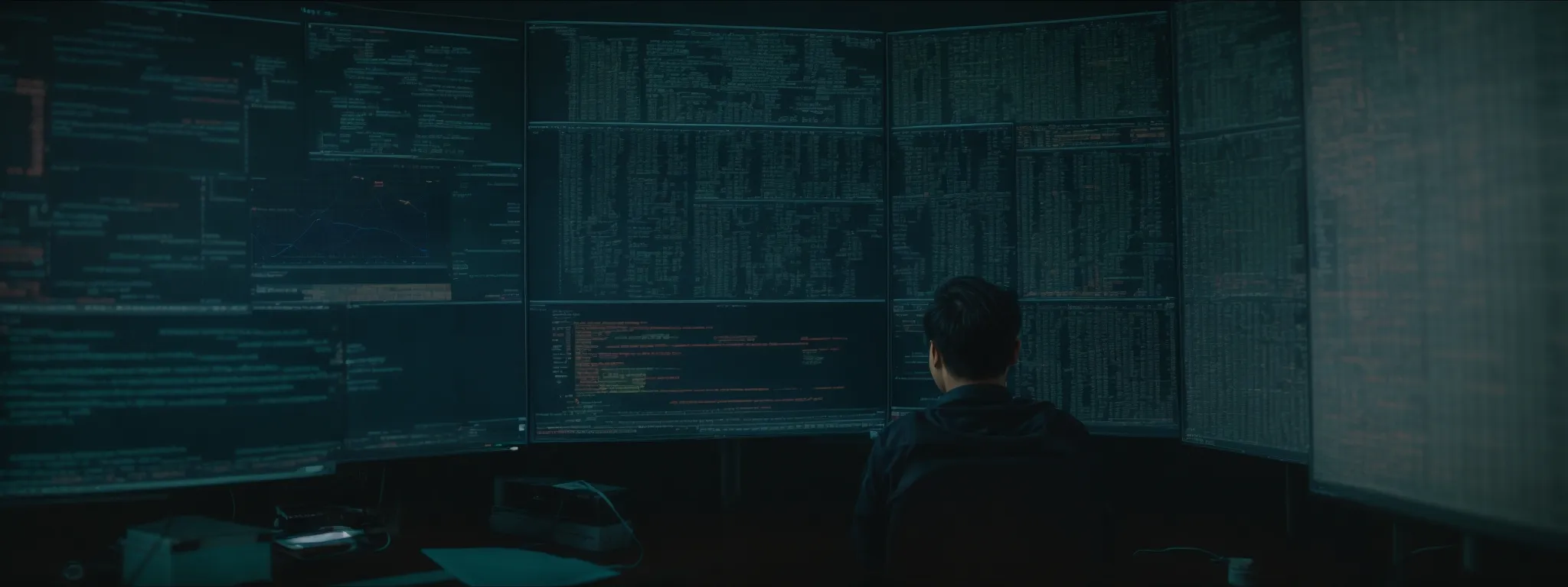 a person studying analytics on a computer screen, surrounded by web development code and strategy charts.